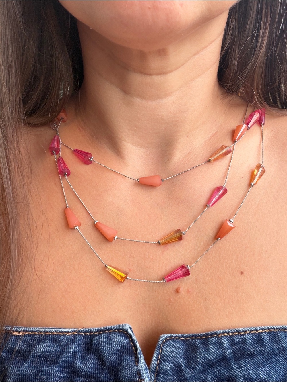 Pink Art Glass jewelry gold tone 18" Necklace